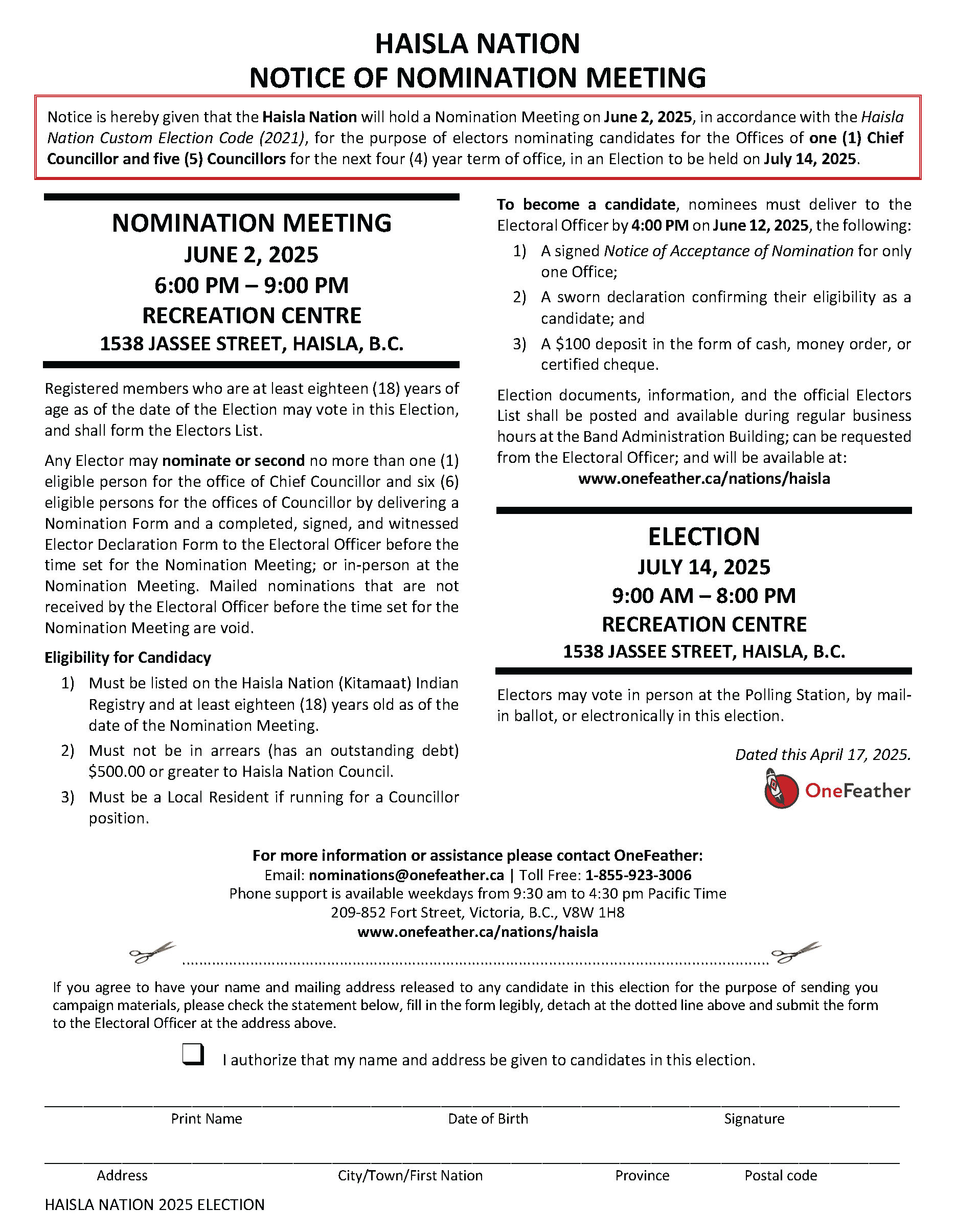 Notice of Nomination Meeting