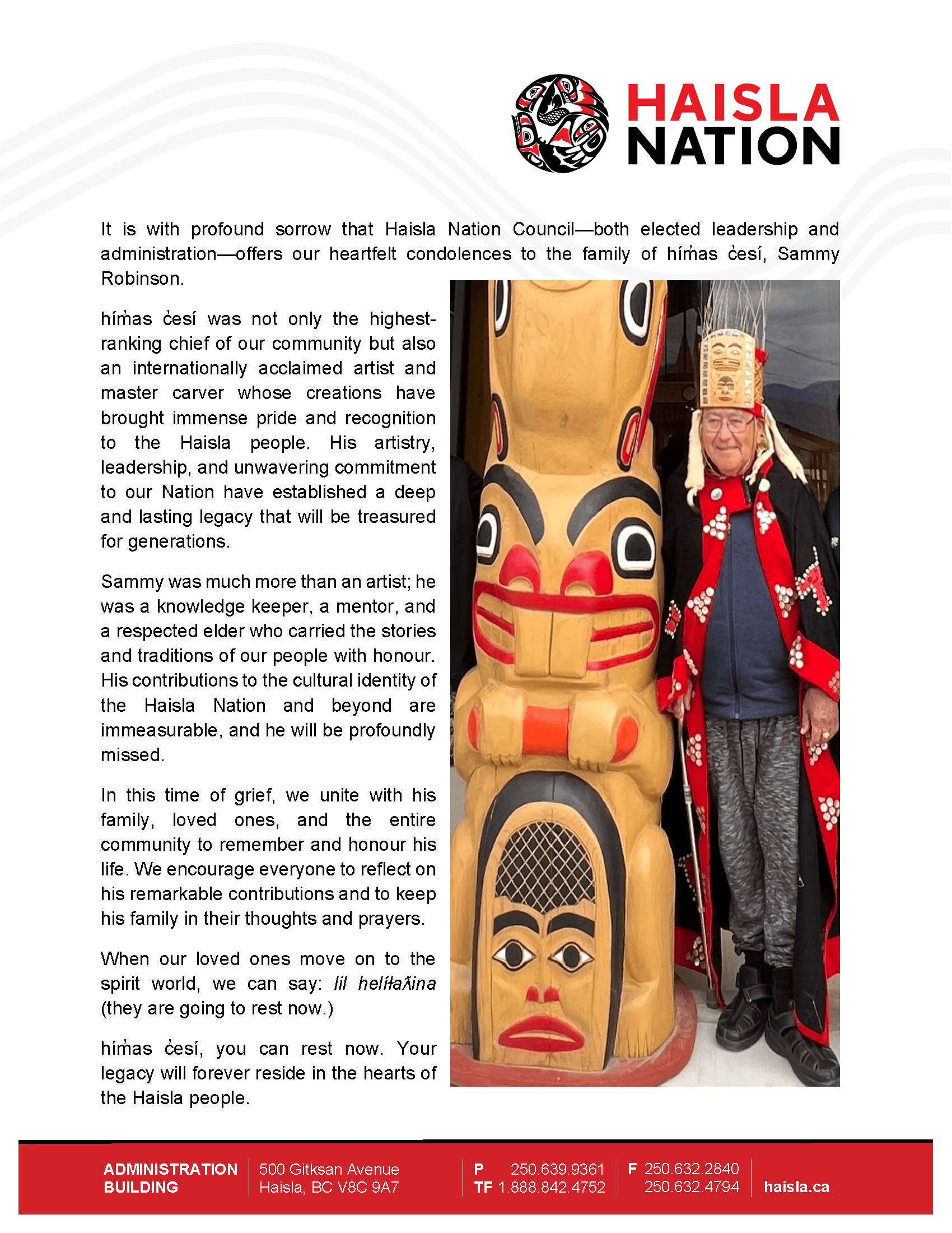 Haisla Nation Condolences to the family of hím̓as c̓esí, Sammy Robinson