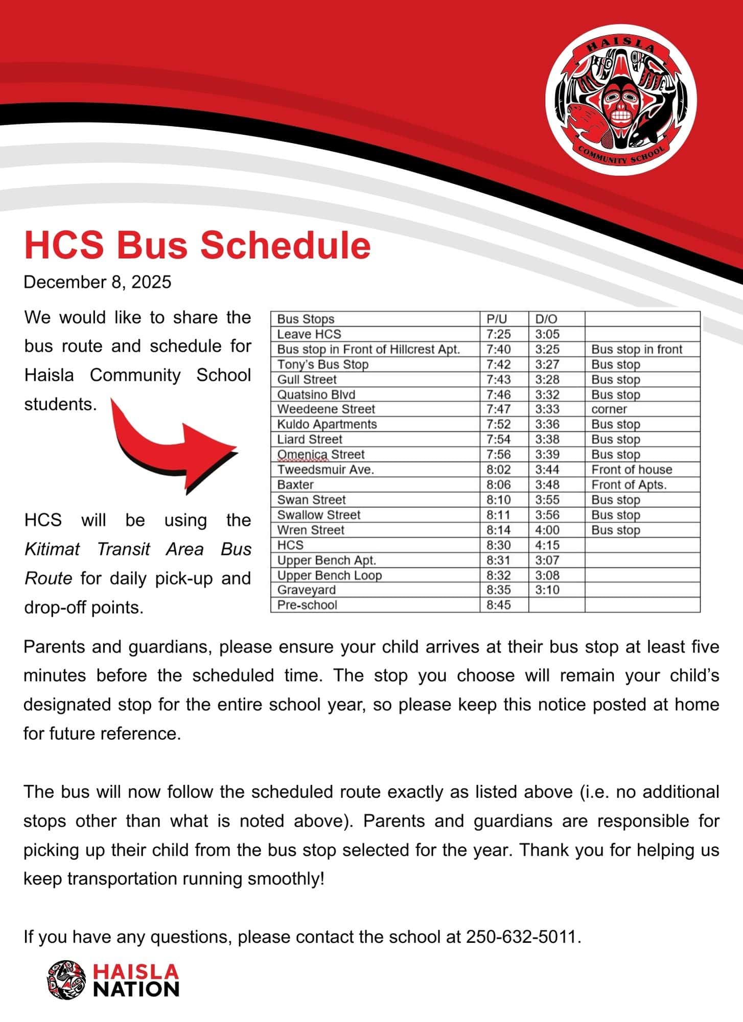 Haisla Community School – Updated bus route/schedule