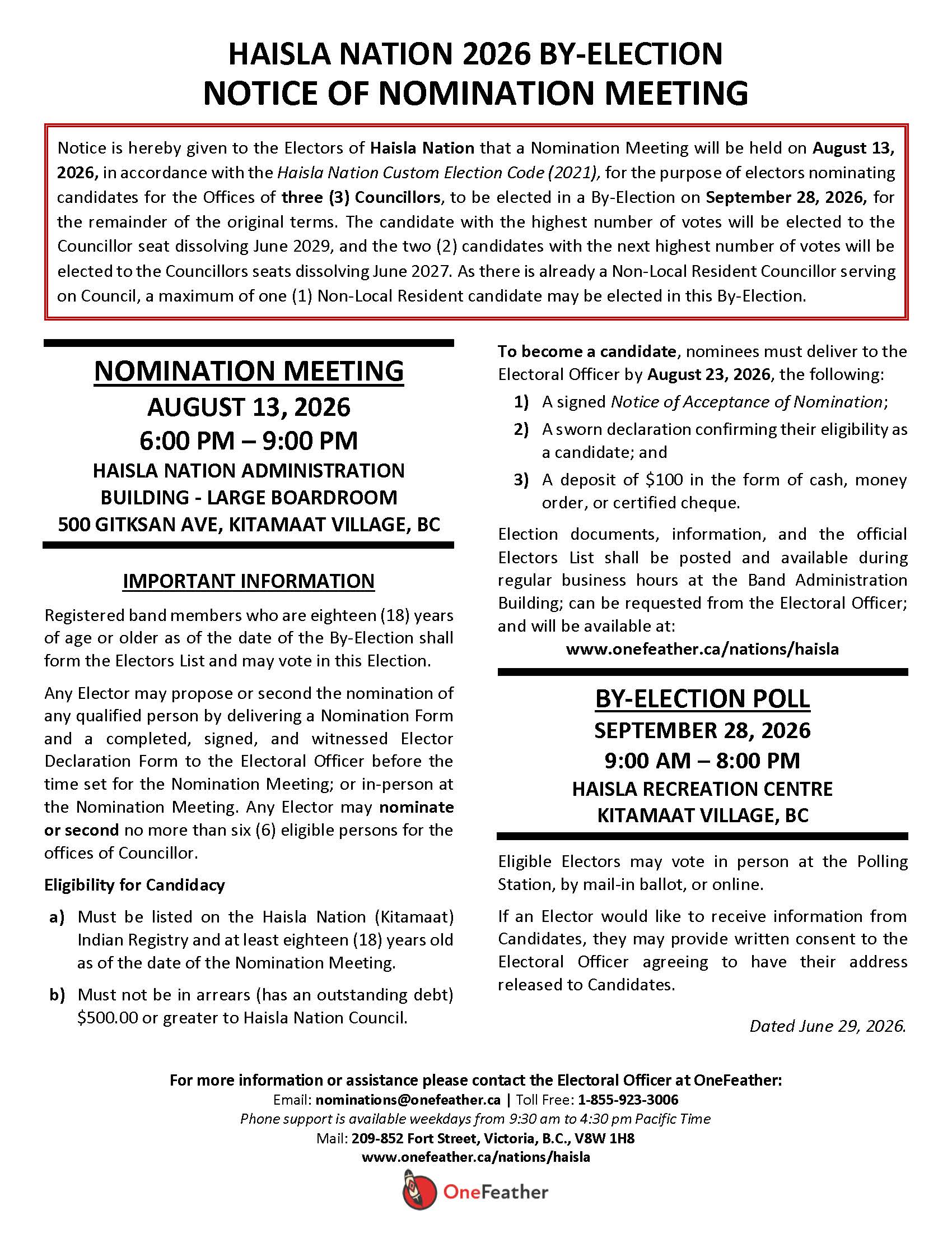 Notice of upcoming nomination meeting and by-election poll